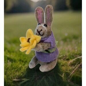 Handmade Woven Felted Bunny Rabbit With Daffodil Easter Decor Shelf Sitter 6"